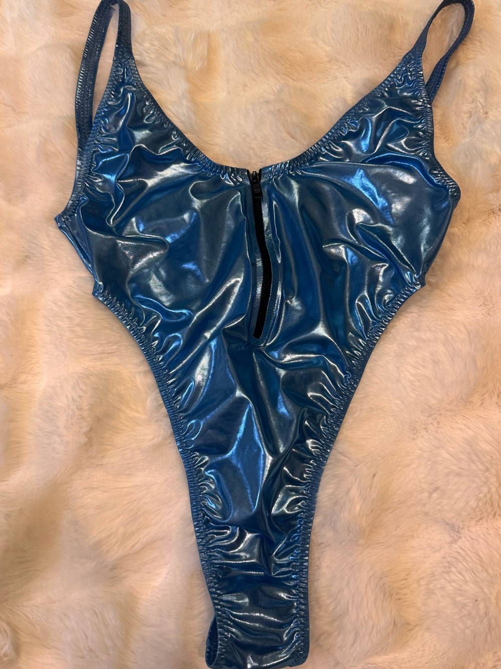 Metallic Blue High-Cut One-Piece Swimsuit with Front Zip